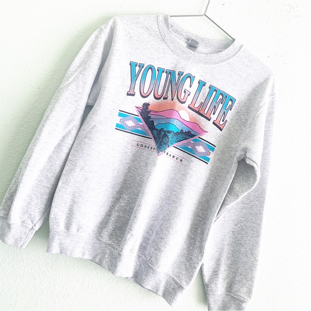 VINTAGE pullover travel ranch young life sweater long sleeve grey Small y2k